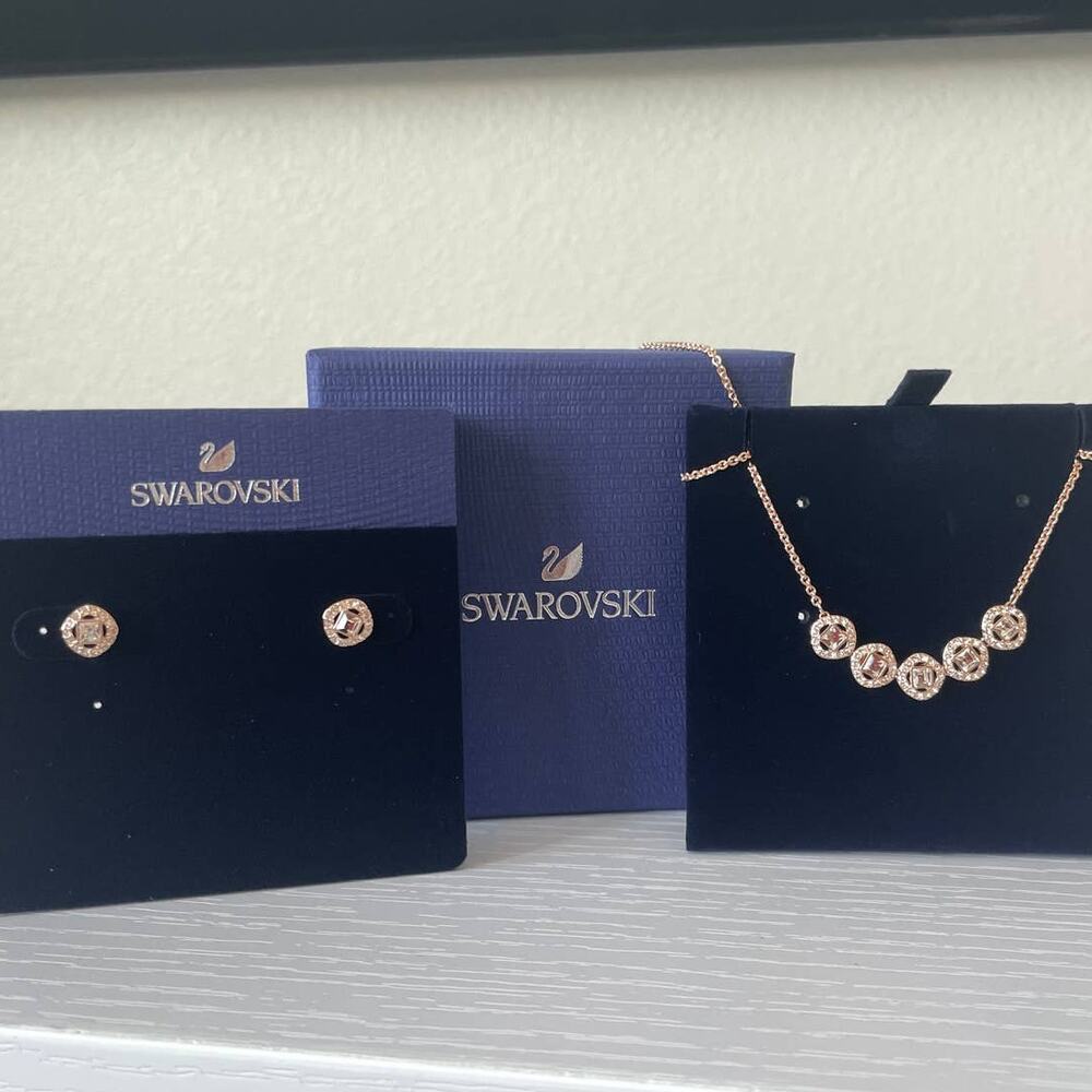 Swarovski Angelic Square Rose Gold Necklace and Matching Earrings Set